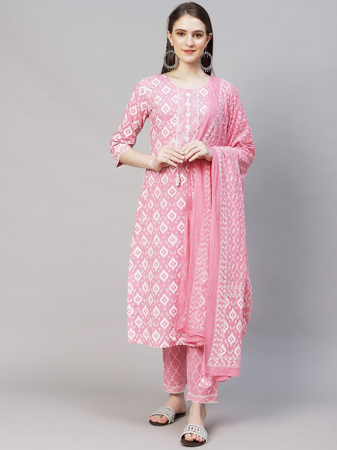 

FASHOR Women Pink Printed Pure Cotton Kurta with Trousers & With Dupatta