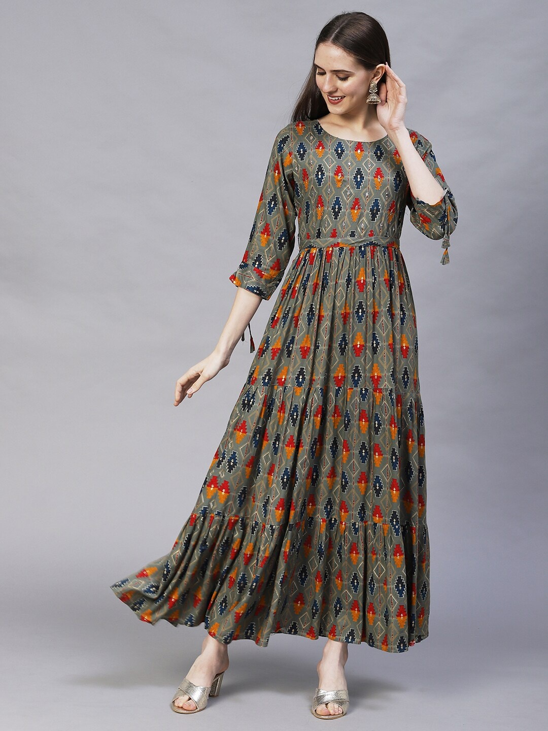 

FASHOR Women Green & Blue Ethnic Motifs Flared Maxi Dress