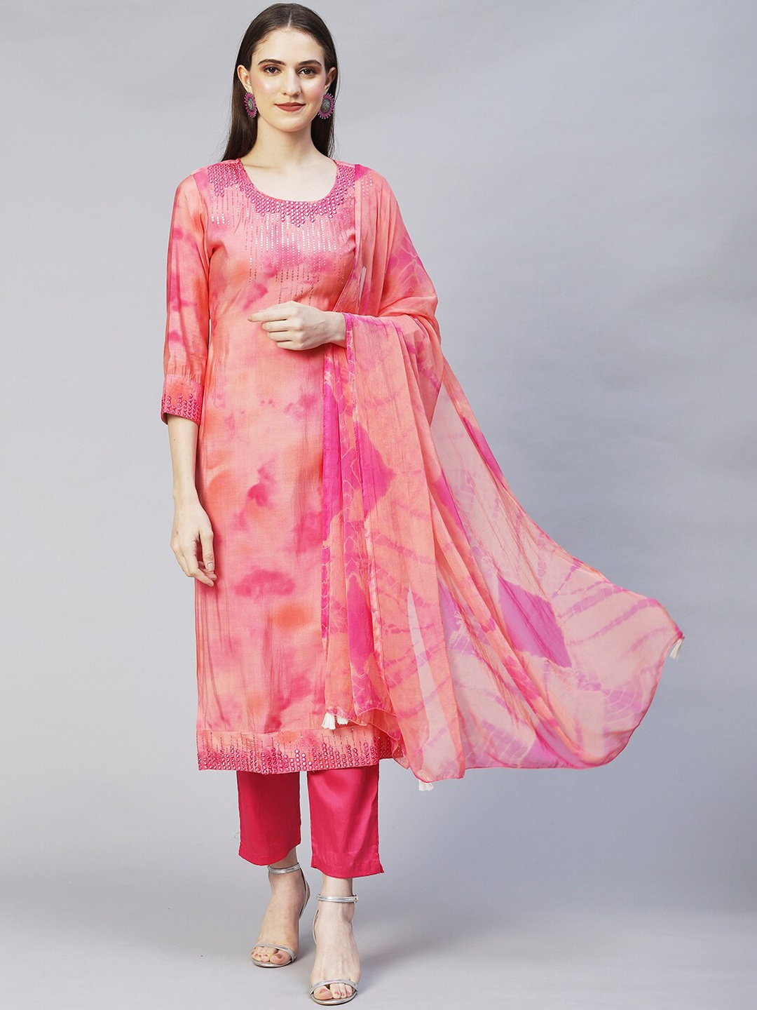 

FASHOR Women Peach-Coloured Printed Mirror Work Kurta with Trousers & With Dupatta