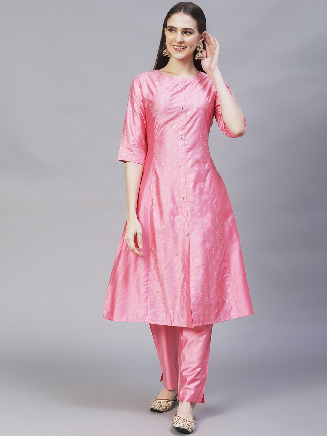 

FASHOR Women Pink Ethnic Motifs Embroidered Panelled Thread Work Kurta with Trousers