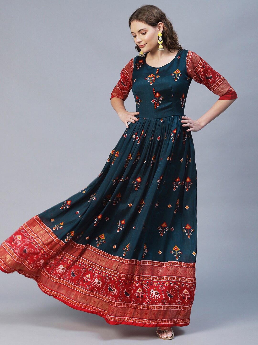 

FASHOR Women Teal Ethnic Motifs Printed Maxi Ethnic Dress