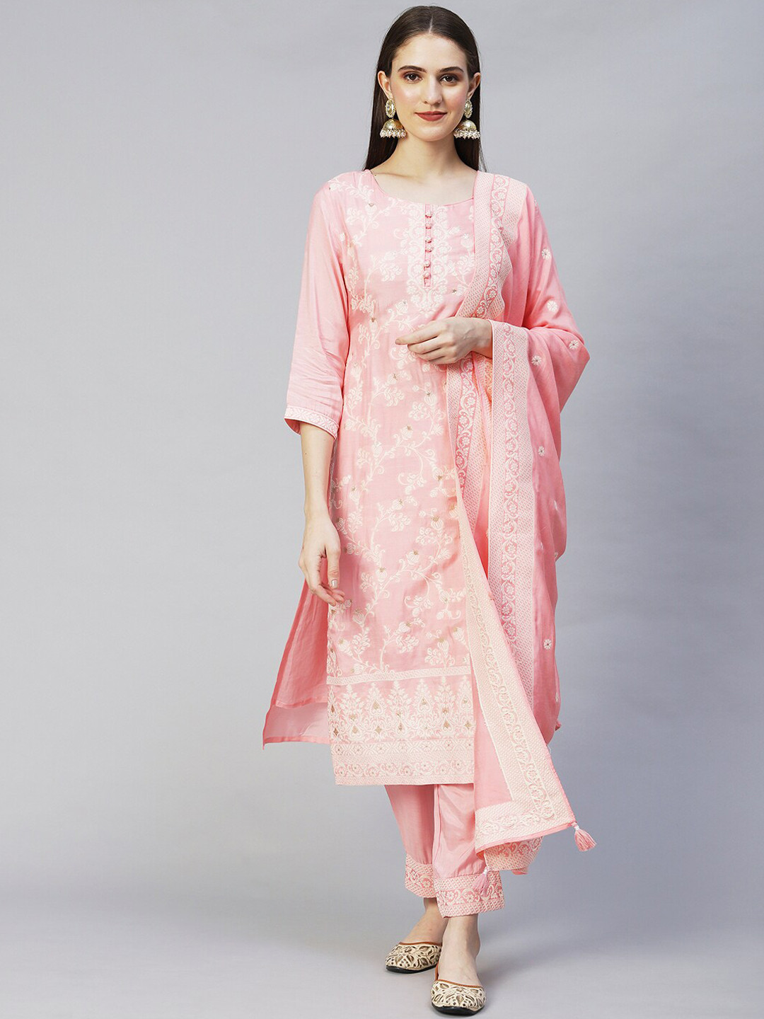 

FASHOR Women Pink Chanderi Silk Kurta with Trousers & Dupatta