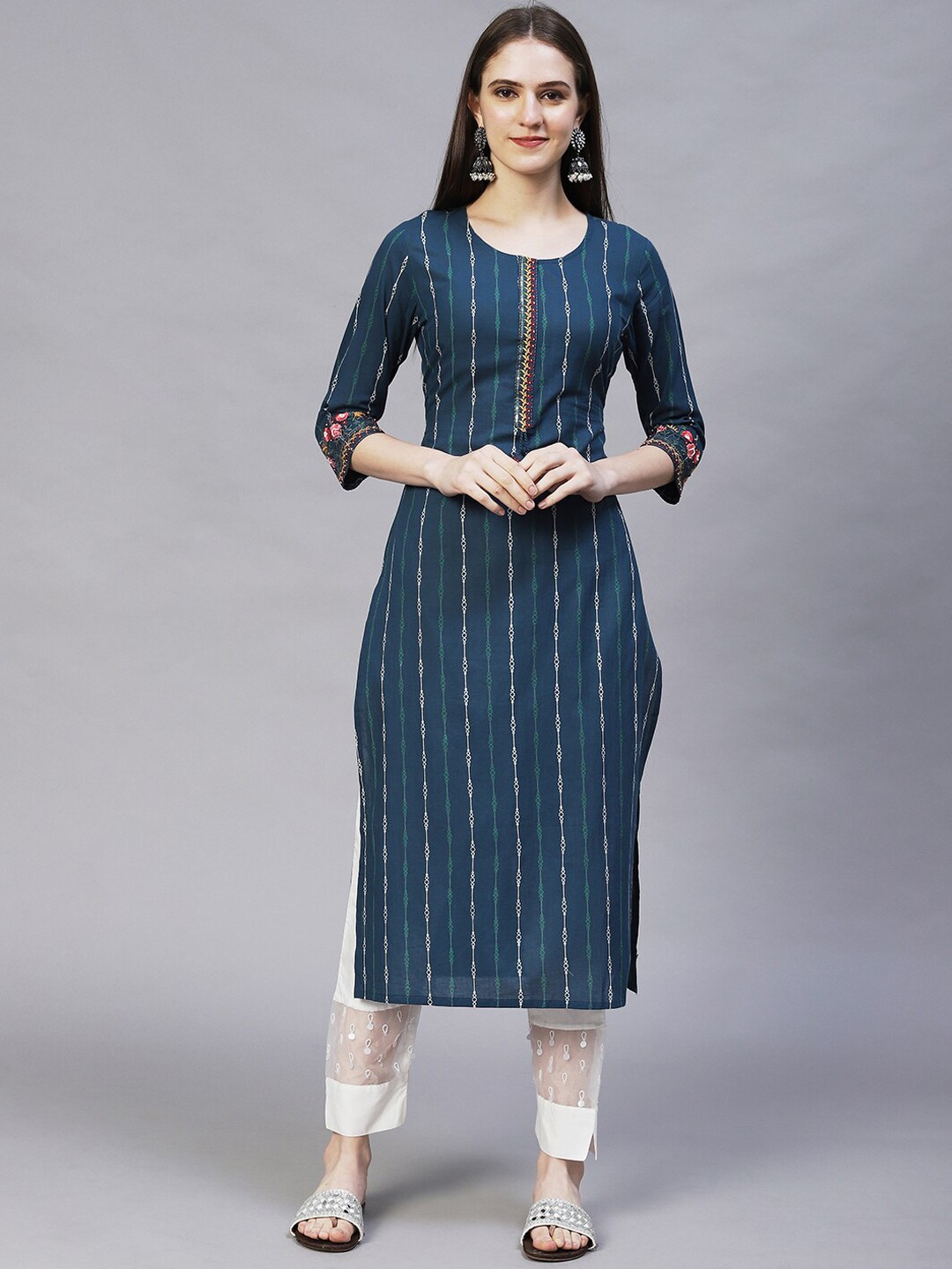 

FASHOR Women Teal Striped Kurta