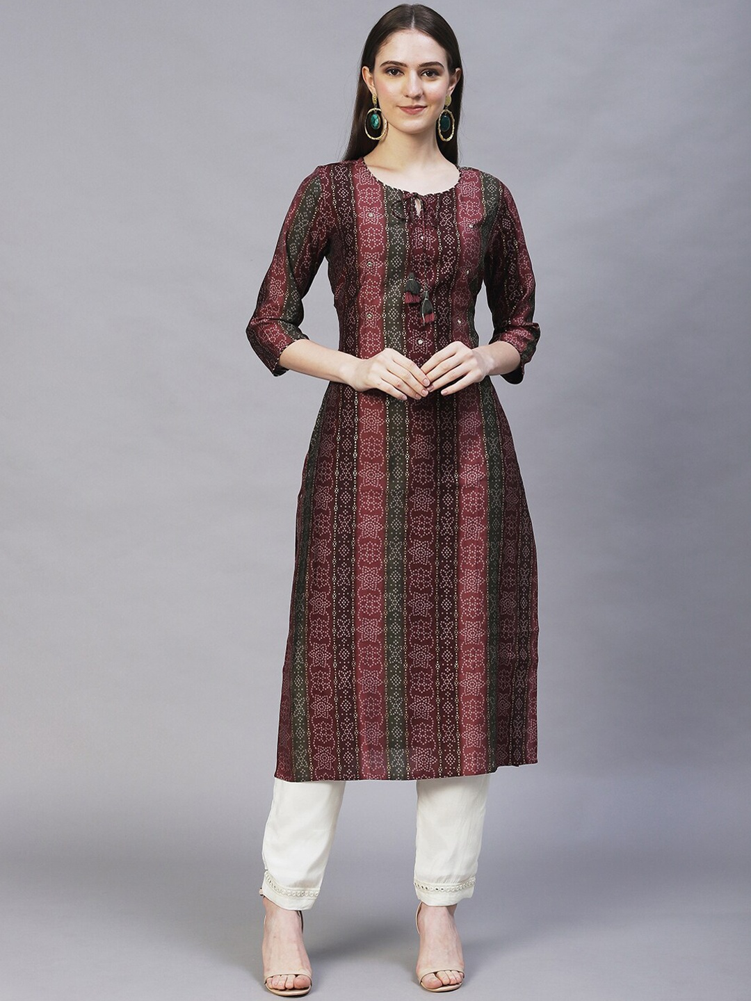 

FASHOR Women Brown & Green Bandhani Printed Kurta