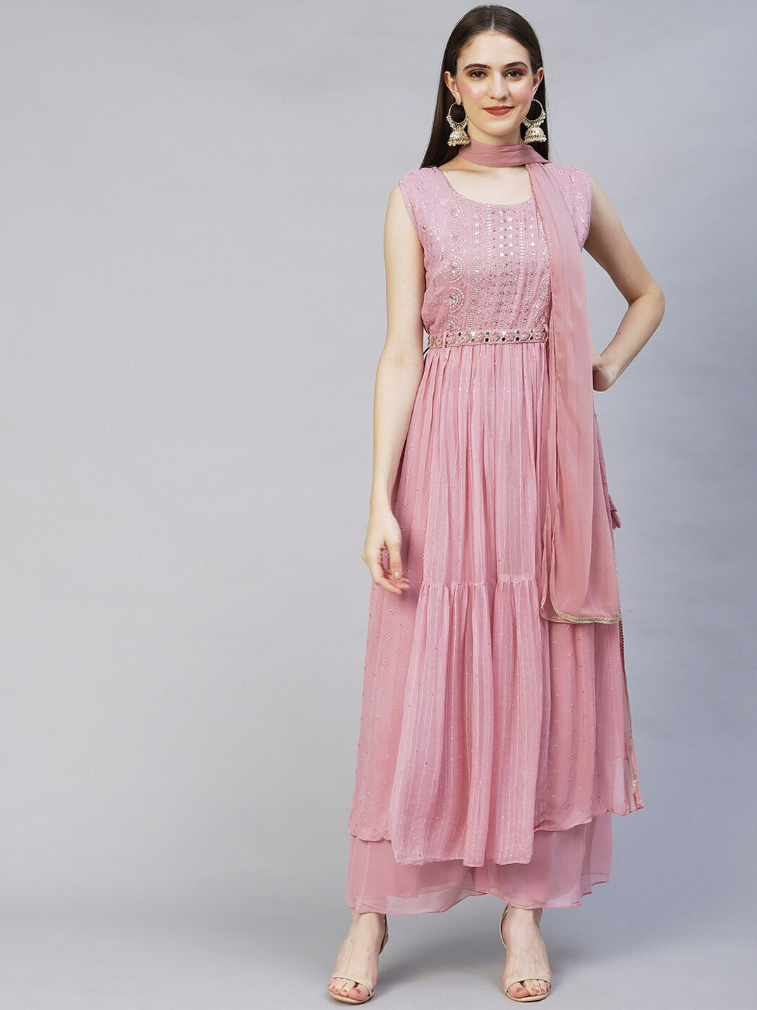 

FASHOR Women Pink Ethnic Motifs Pleated Sequinned Kurta with Palazzos & With Dupatta