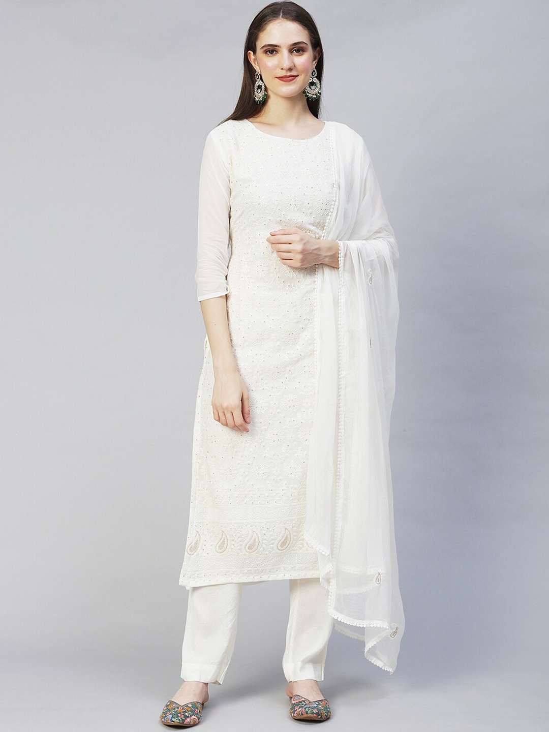 

FASHOR Women Off White Embroidered Chikankari Straight Kurta with Trousers & With Dupatta