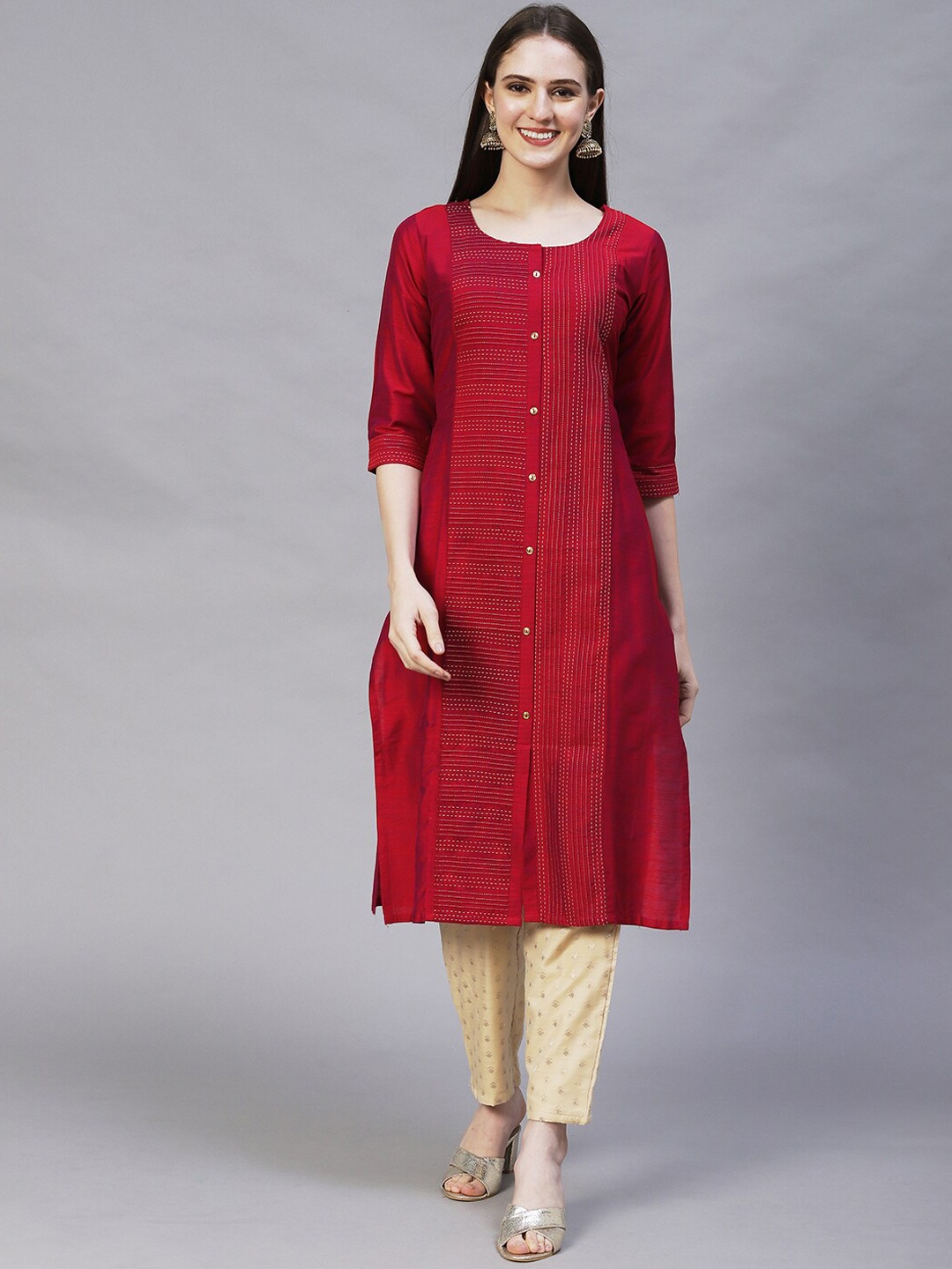 

FASHOR Women Red Embroidered Kurta