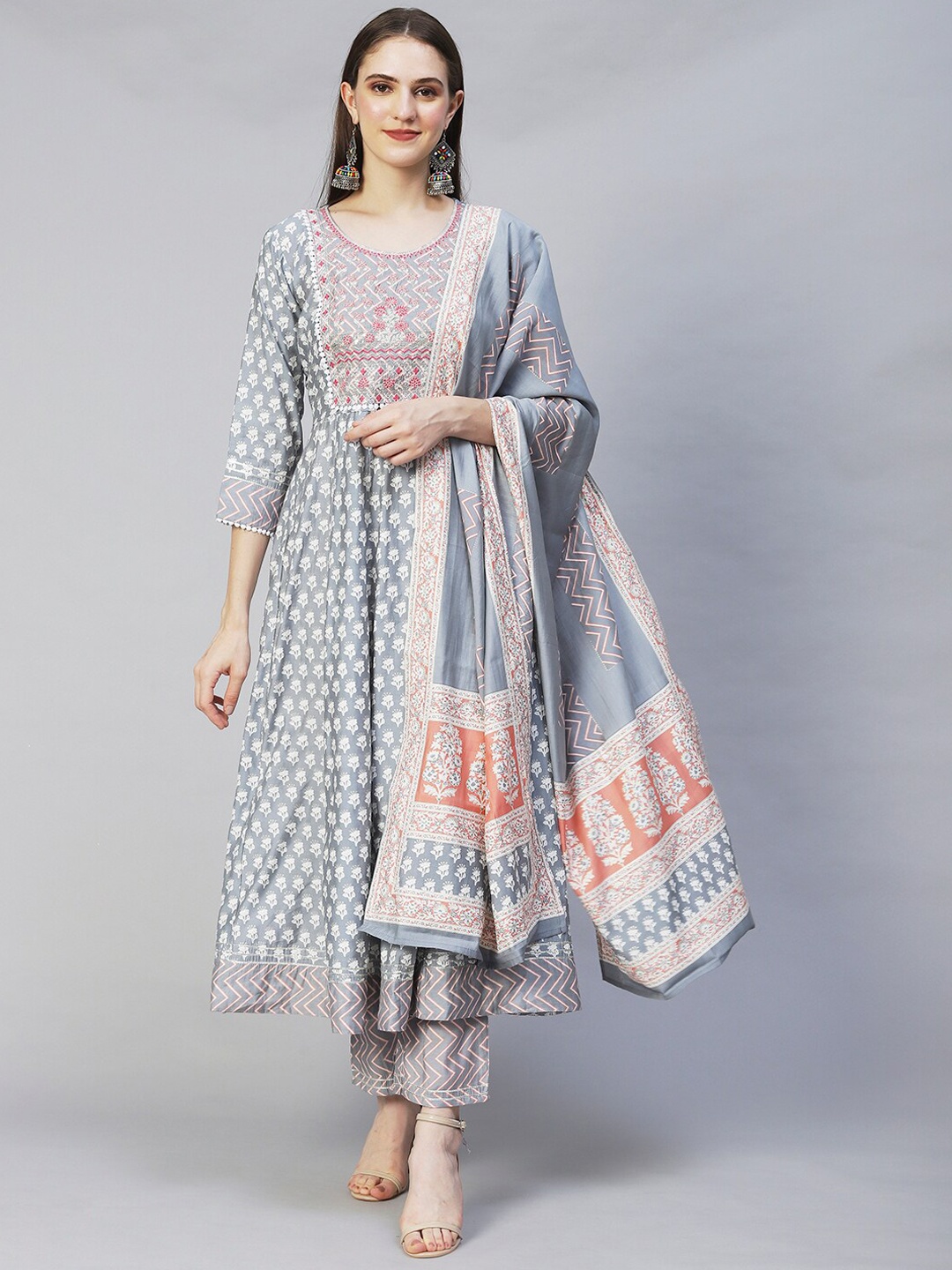 

FASHOR Women Blue Ethnic Motifs Printed Kurta with Trousers & With Dupatta