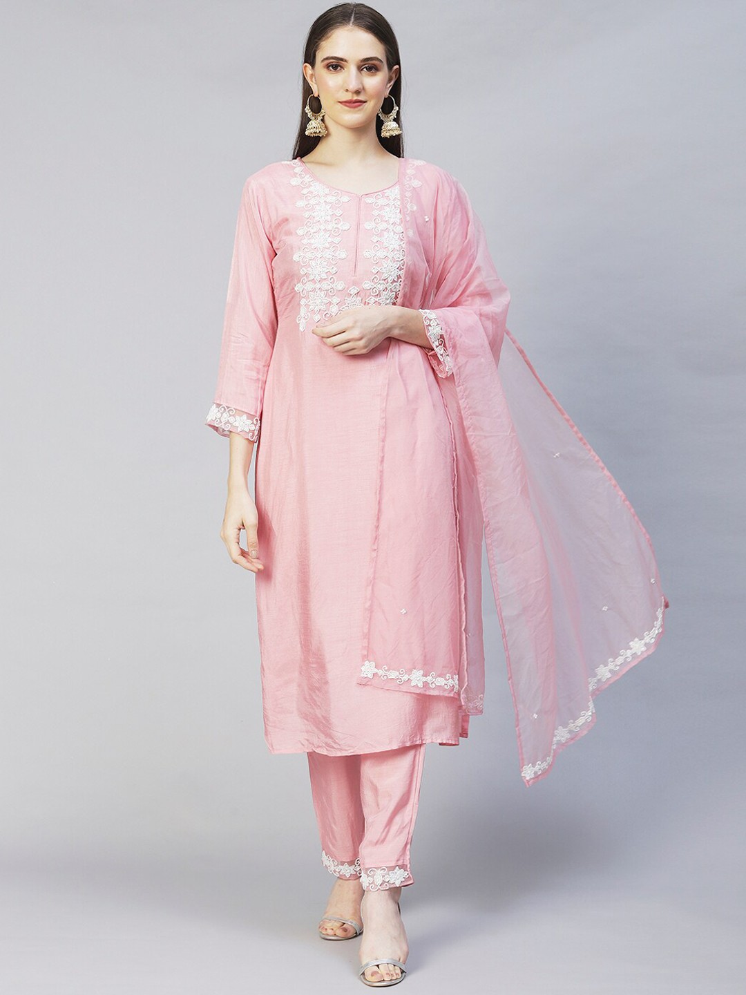 

FASHOR Women Pink Floral Embroidered Kurta with Trousers & With Dupatta