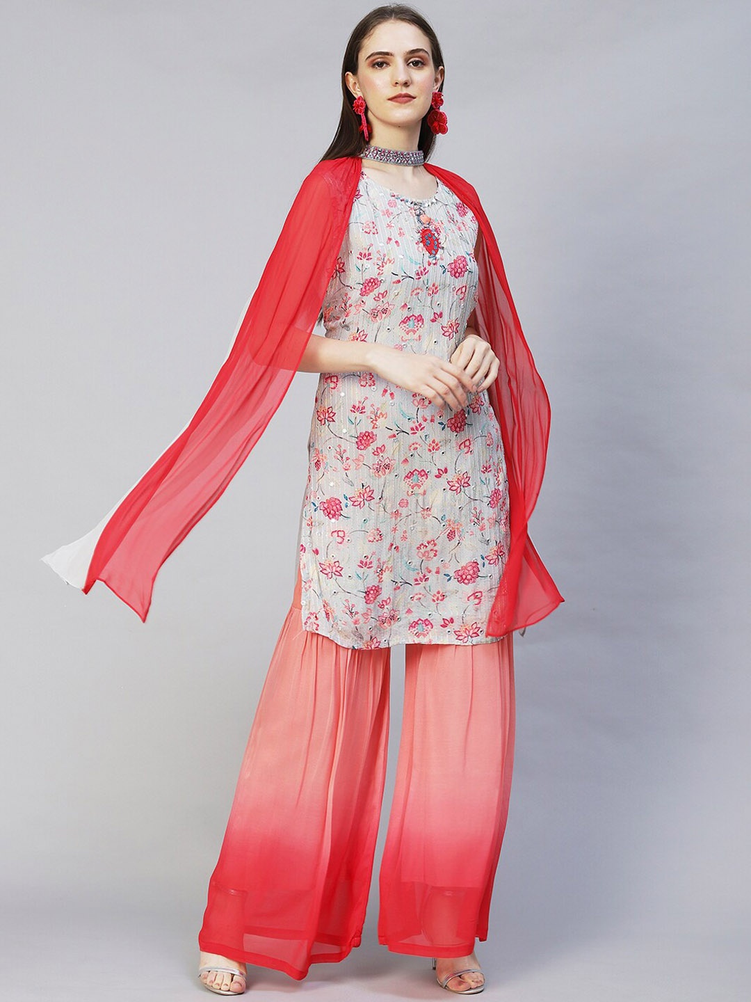 

FASHOR Women Grey Floral Printed Mirror Work Kurta with Sharara & Dupatta