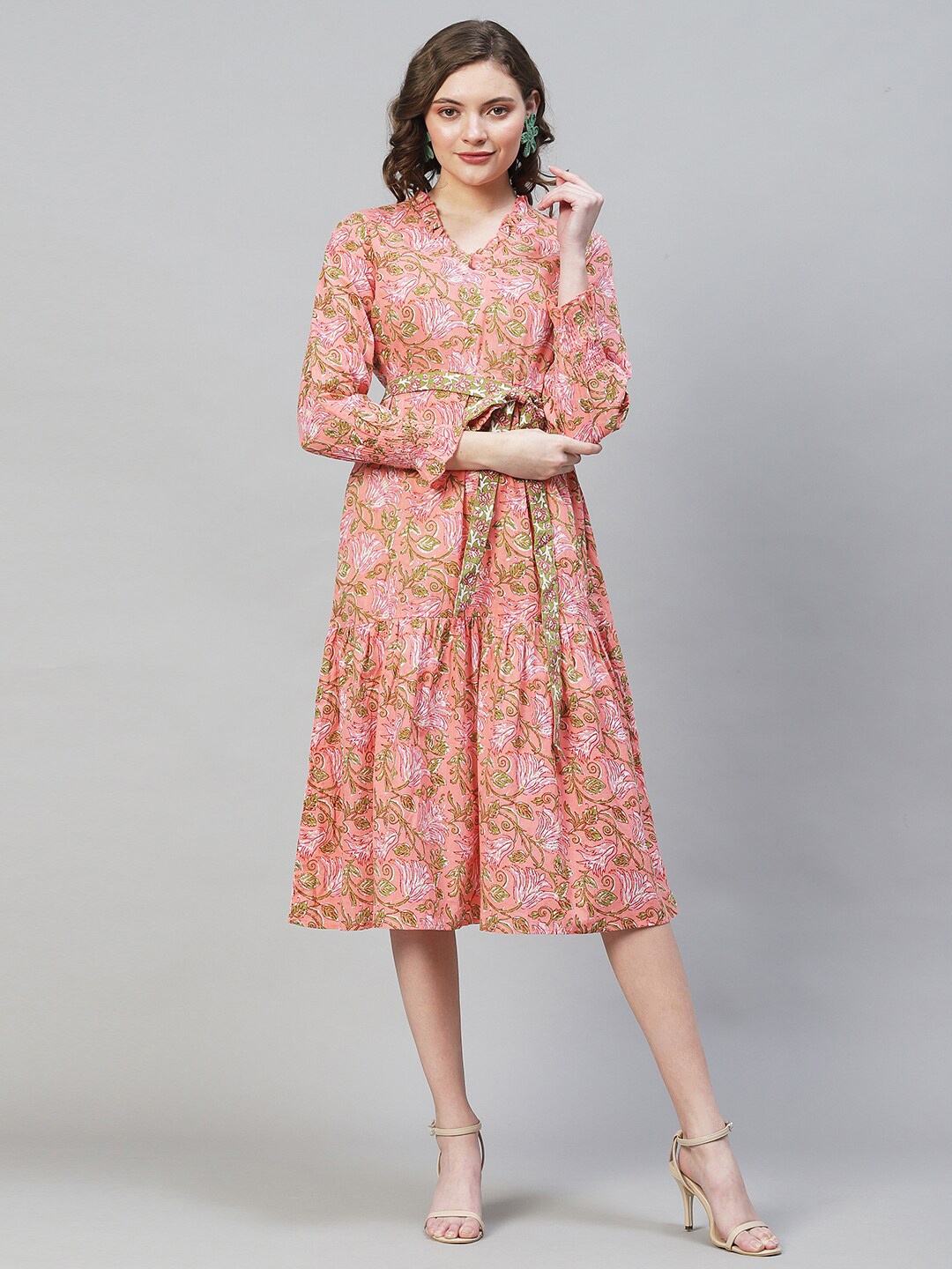 

FASHOR Women Peach-Coloured Floral A-Line Midi Dress
