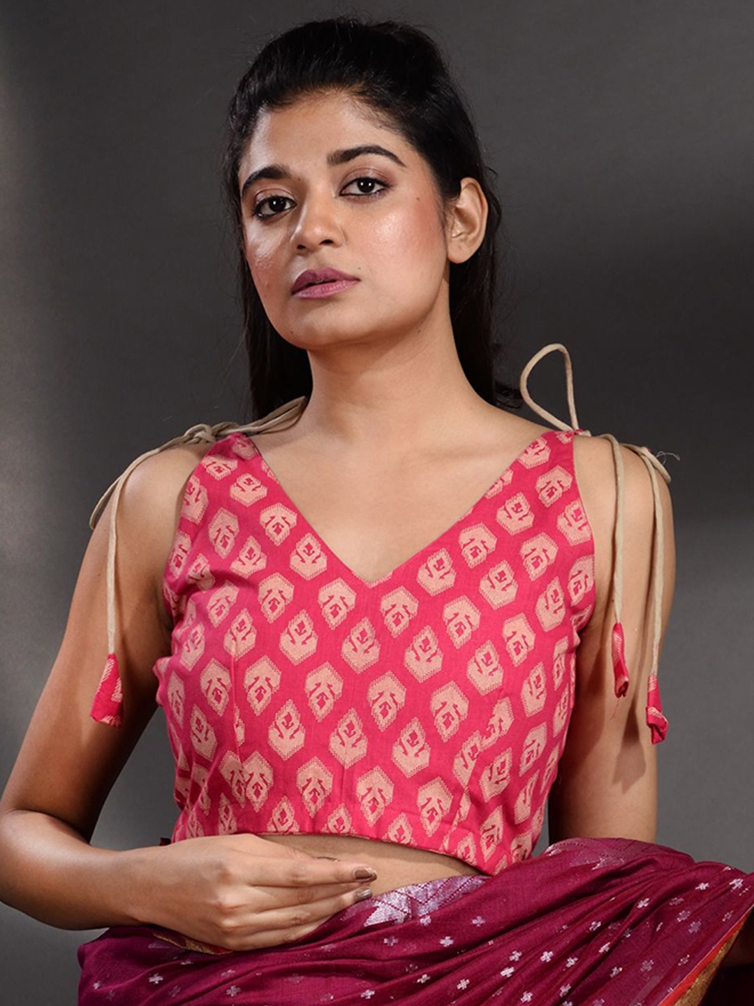 

Charukriti Maroon Embellished Cotton Readymade Saree Blouse