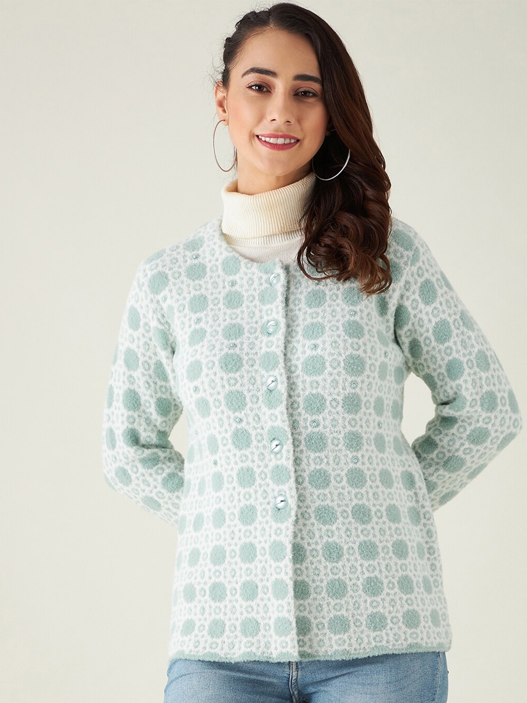 

Modeve Women Turquoise Blue & White Self Design Cardigan