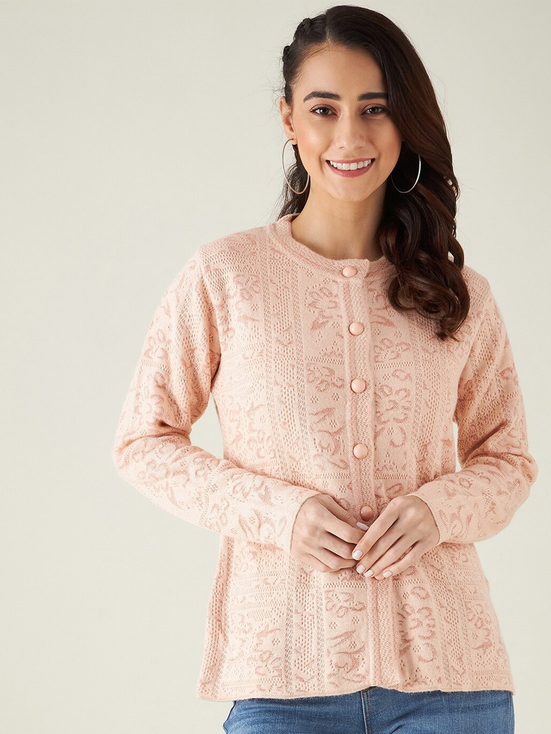 

Modeve Women Peach Coloured Self Design Long Sleeves Acrylic Cardigan