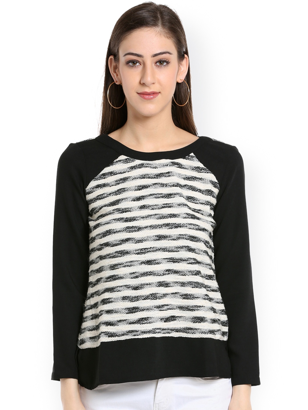 

109F Women Black & Off-White Striped Top