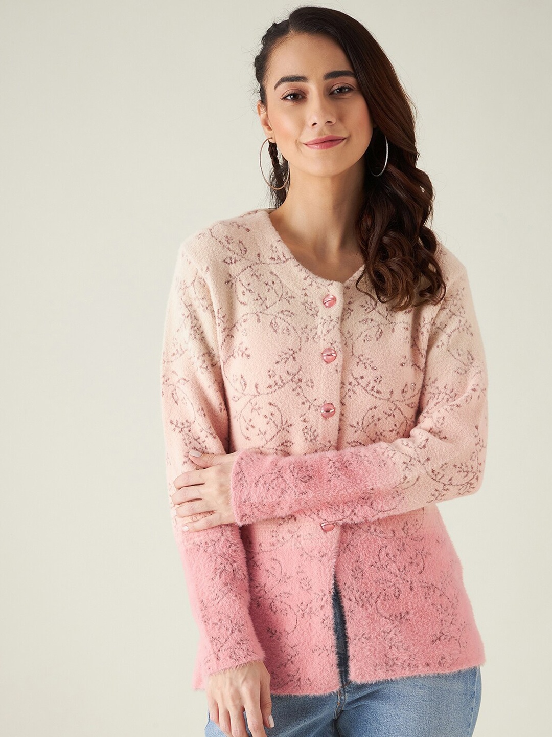 

Modeve Women Pink & Peach-Coloured Floral Printed Cardigan