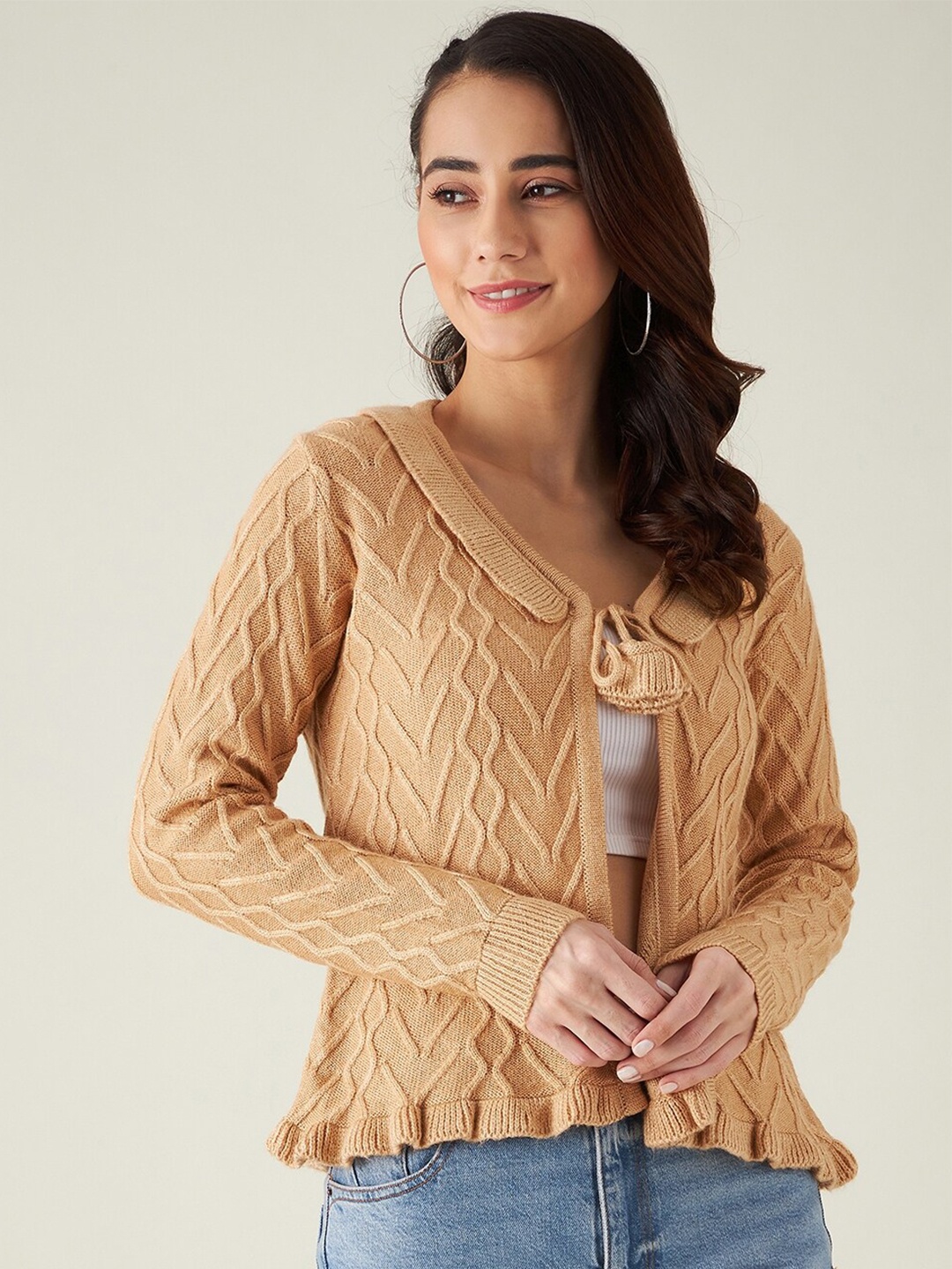 

Modeve Women Camel Brown Cable Knit Front-Open Sweater