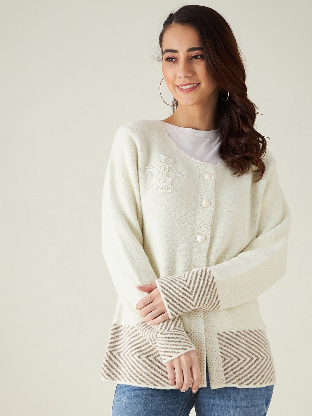 

Modeve Women Cream-Coloured & Brown Embroidered Wool Cardigan with Fuzzy Detail