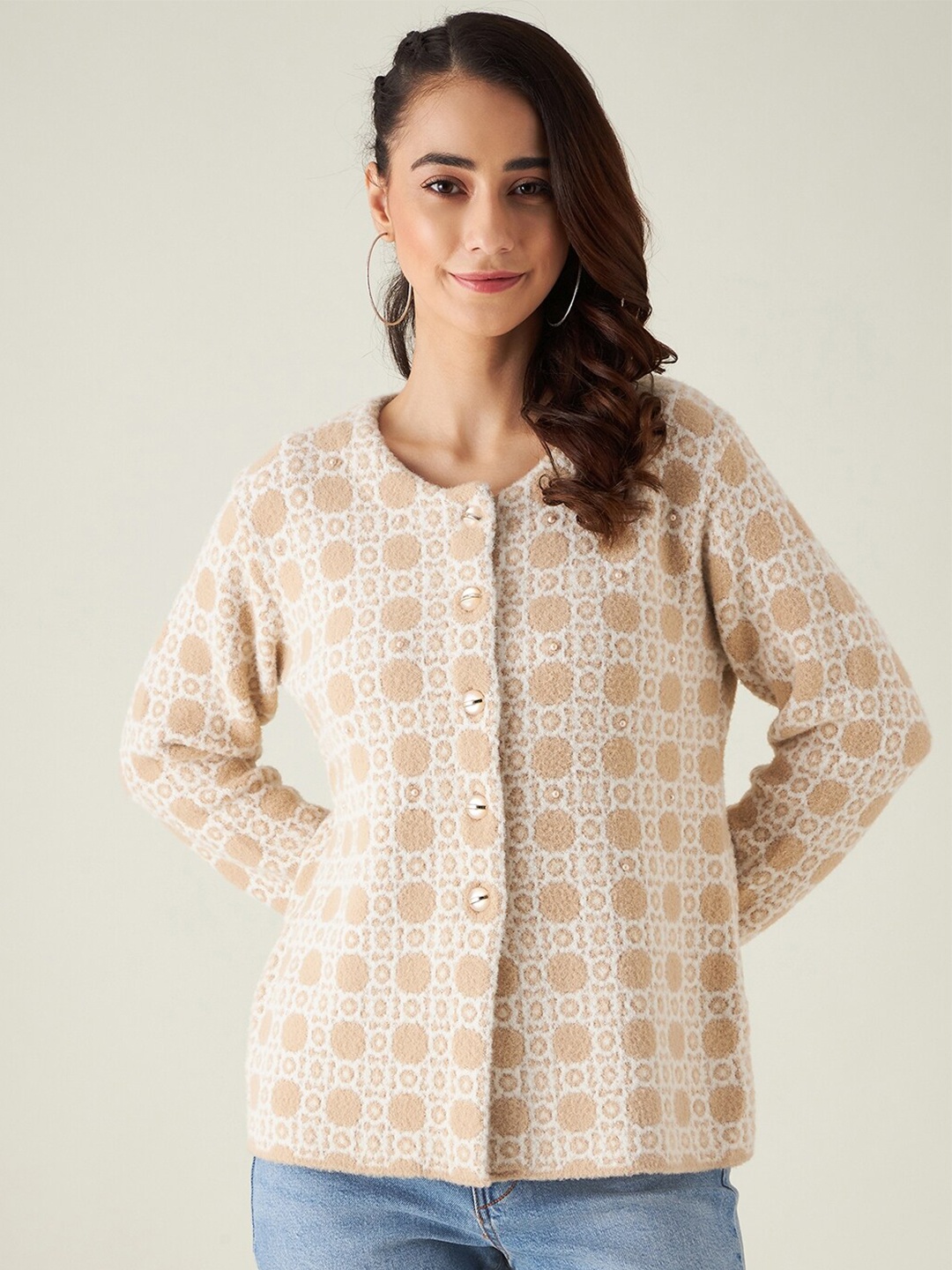 

Modeve Women Camel Brown Wool Cardigan with Fuzzy Detail