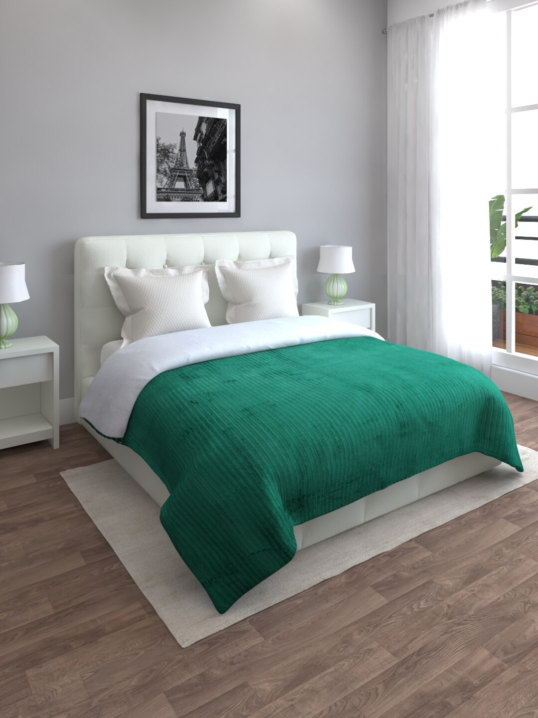 

ROMEE Green & White Striped Mild Winter 500 GSM Wool Double Bed Blanket
