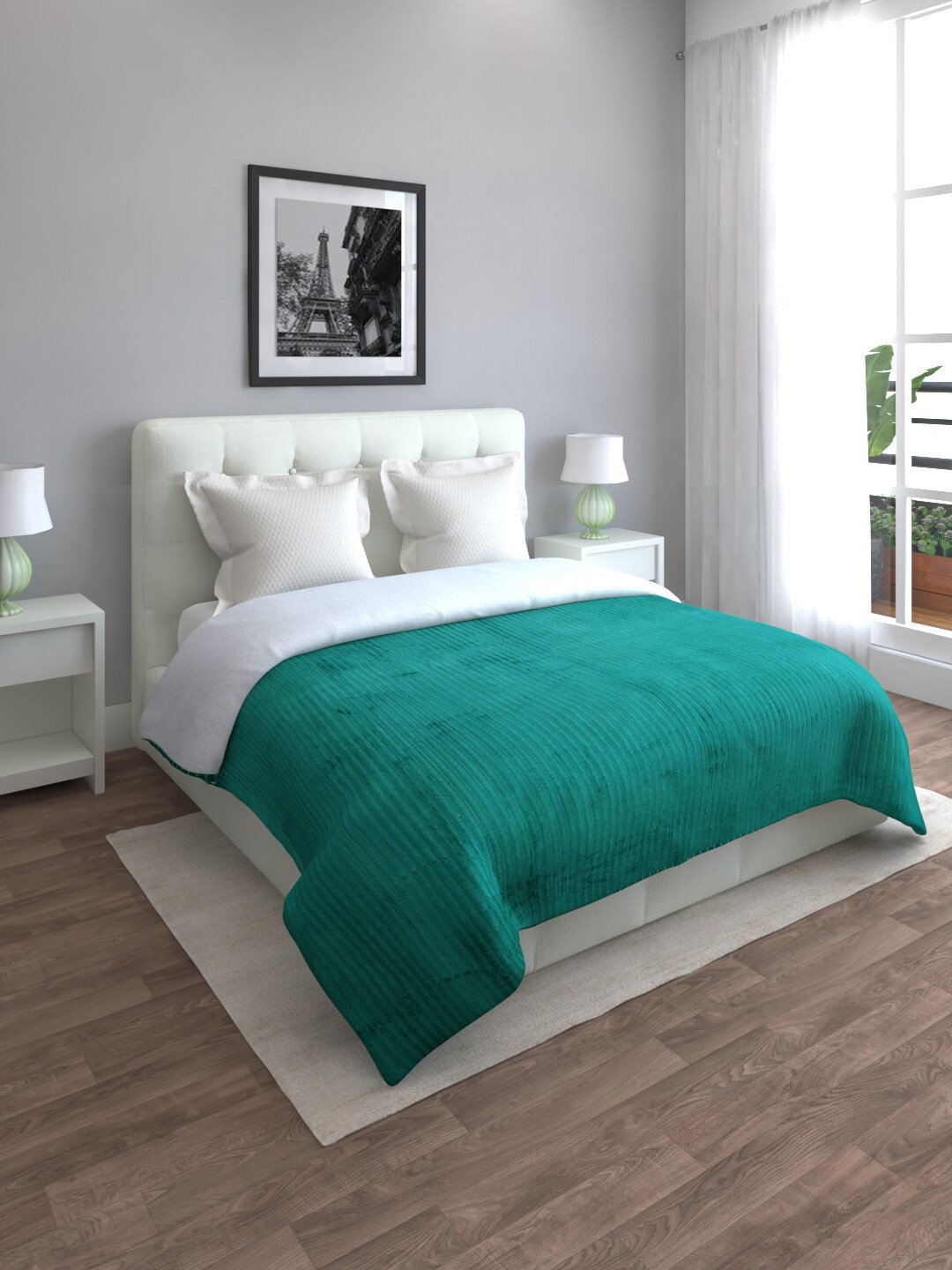 

ROMEE Teal Blue & White Striped Mild Winter 500 GSM Double Bed Blanket