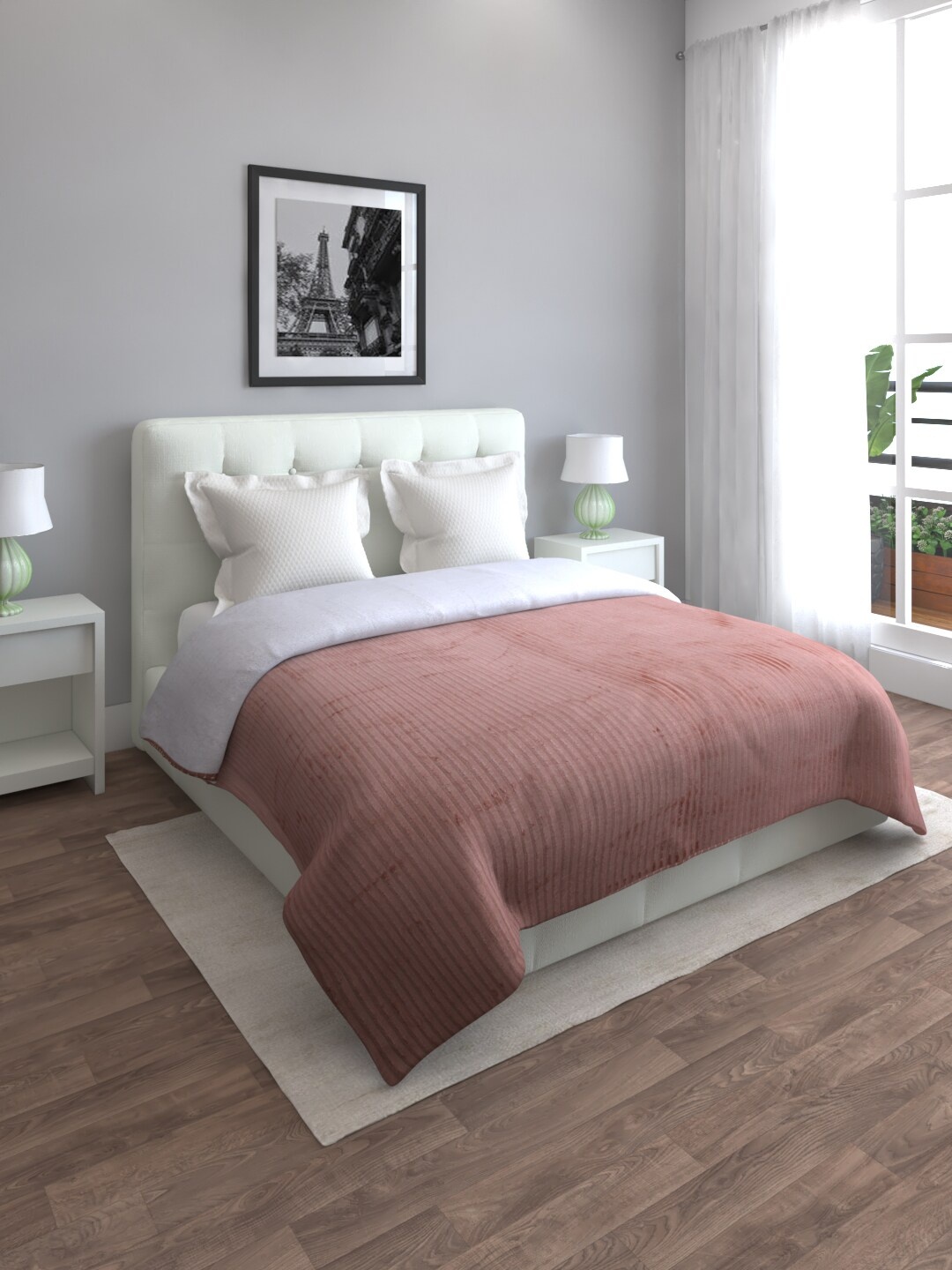 

ROMEE Peach-Coloured & White Striped Mild Winter 500 GSM Double Bed Blanket