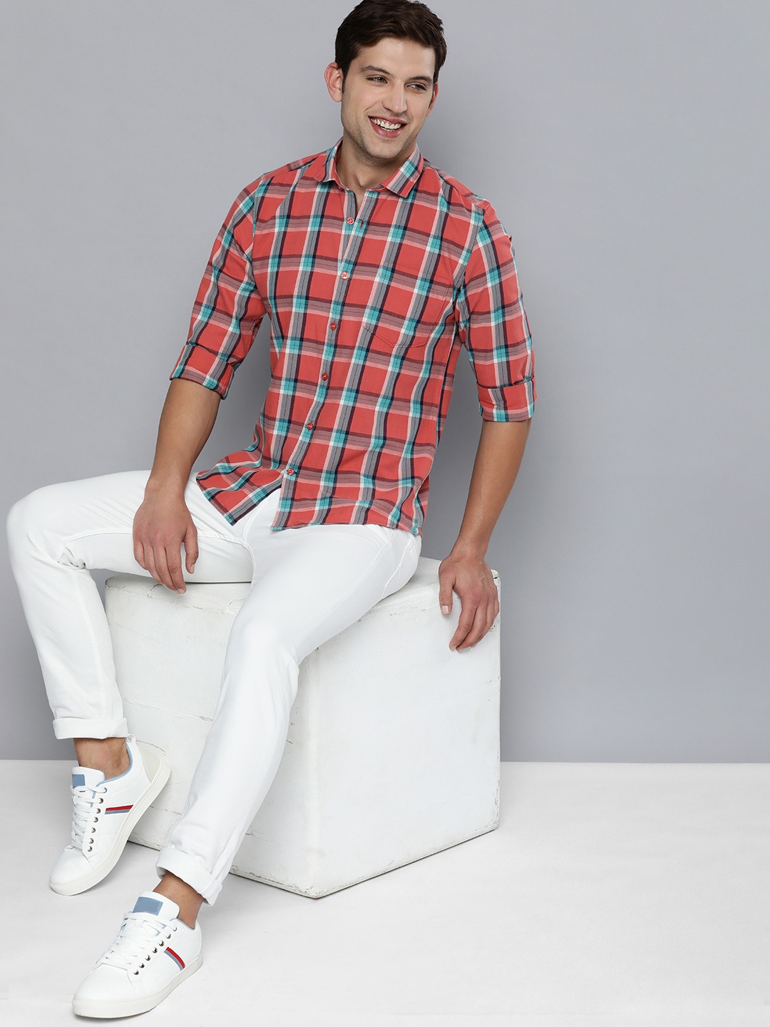

Mast & Harbour Men Coral Orange & Green Grid Tattersall Checks Pure Cotton Casual Shirt