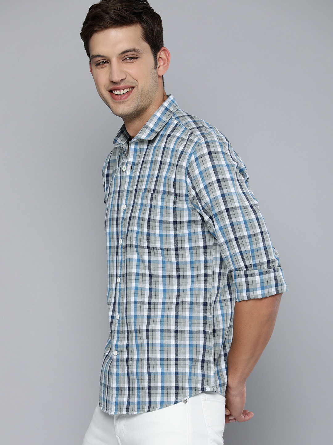 

M&H Our Water Men Blue & Grey Checked Pure Cotton Casual Shirt