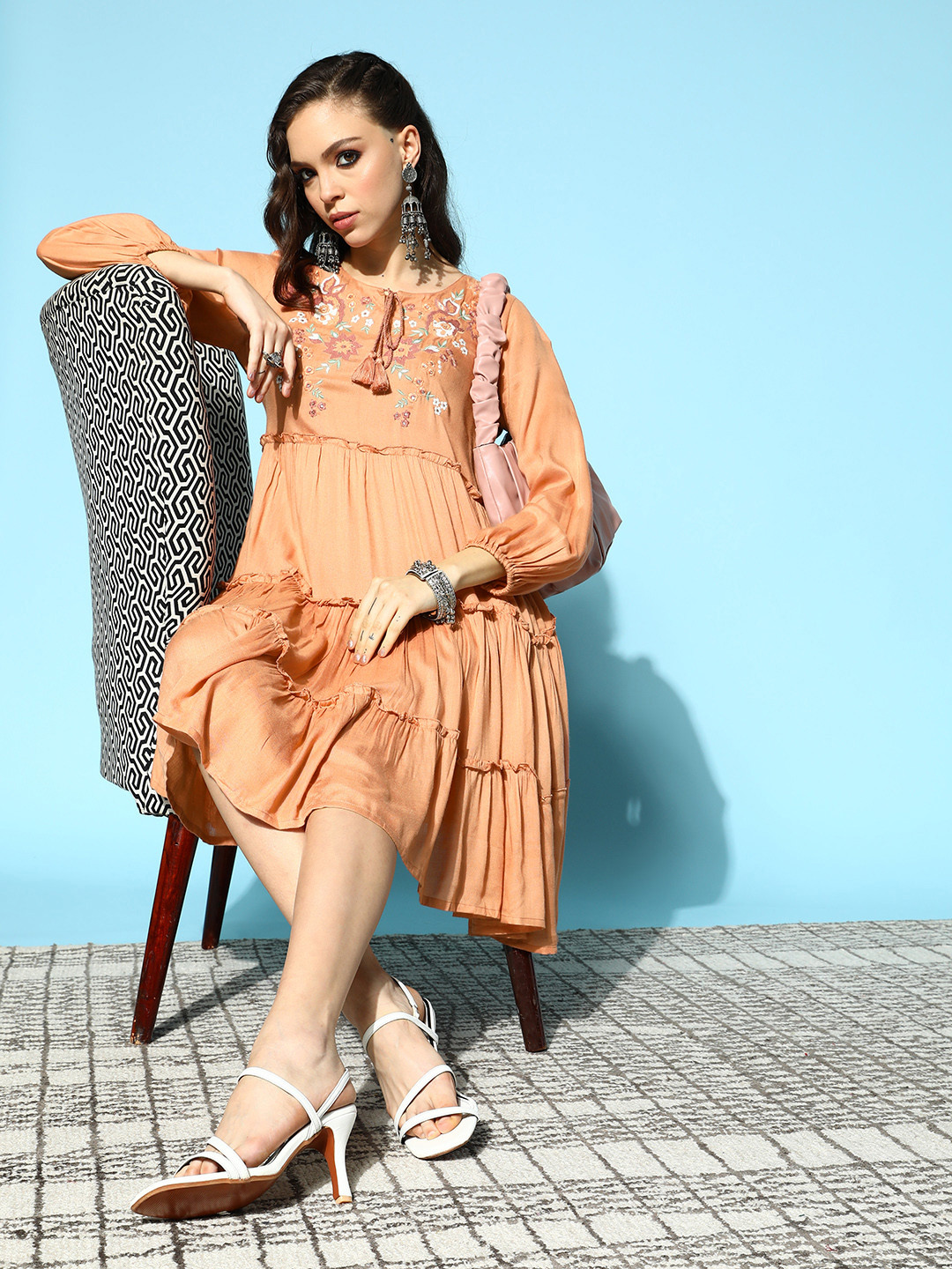 

Prakrti Peach-Coloured Ethnic Motifs Embroidered A-Line Dress
