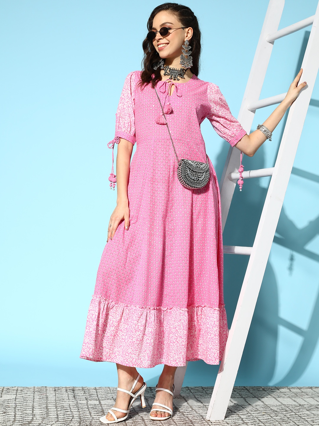 

Prakrti Pink & Beige Ethnic Motifs Buti A-Line Maxi Dress