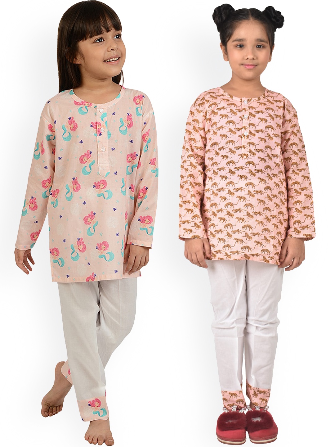 

frangipani Girls White & Pink Set of 2 Printed Night Suit