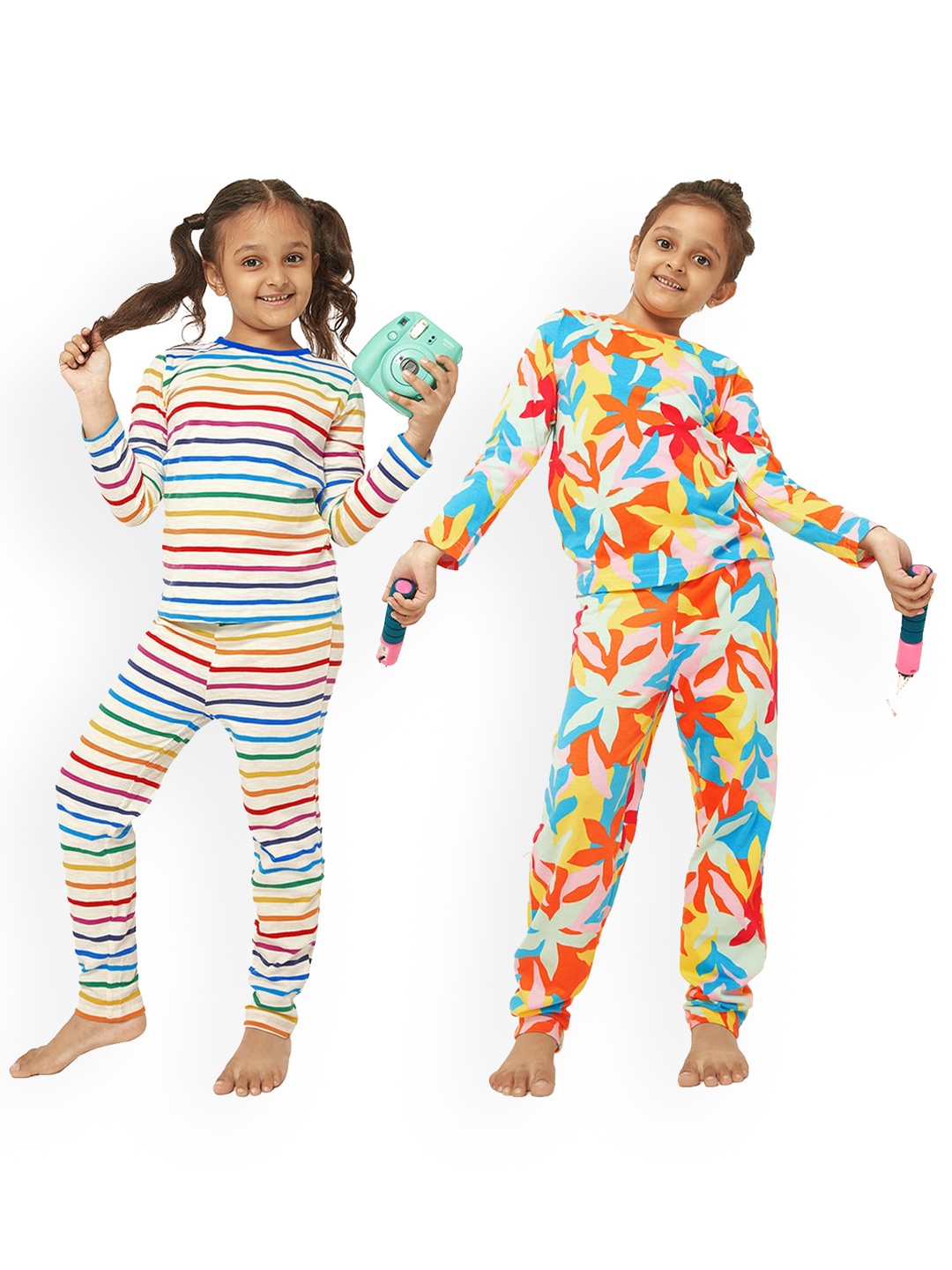 

frangipani Girls White & Blue Cotton Set Of 2 Printed Night suit