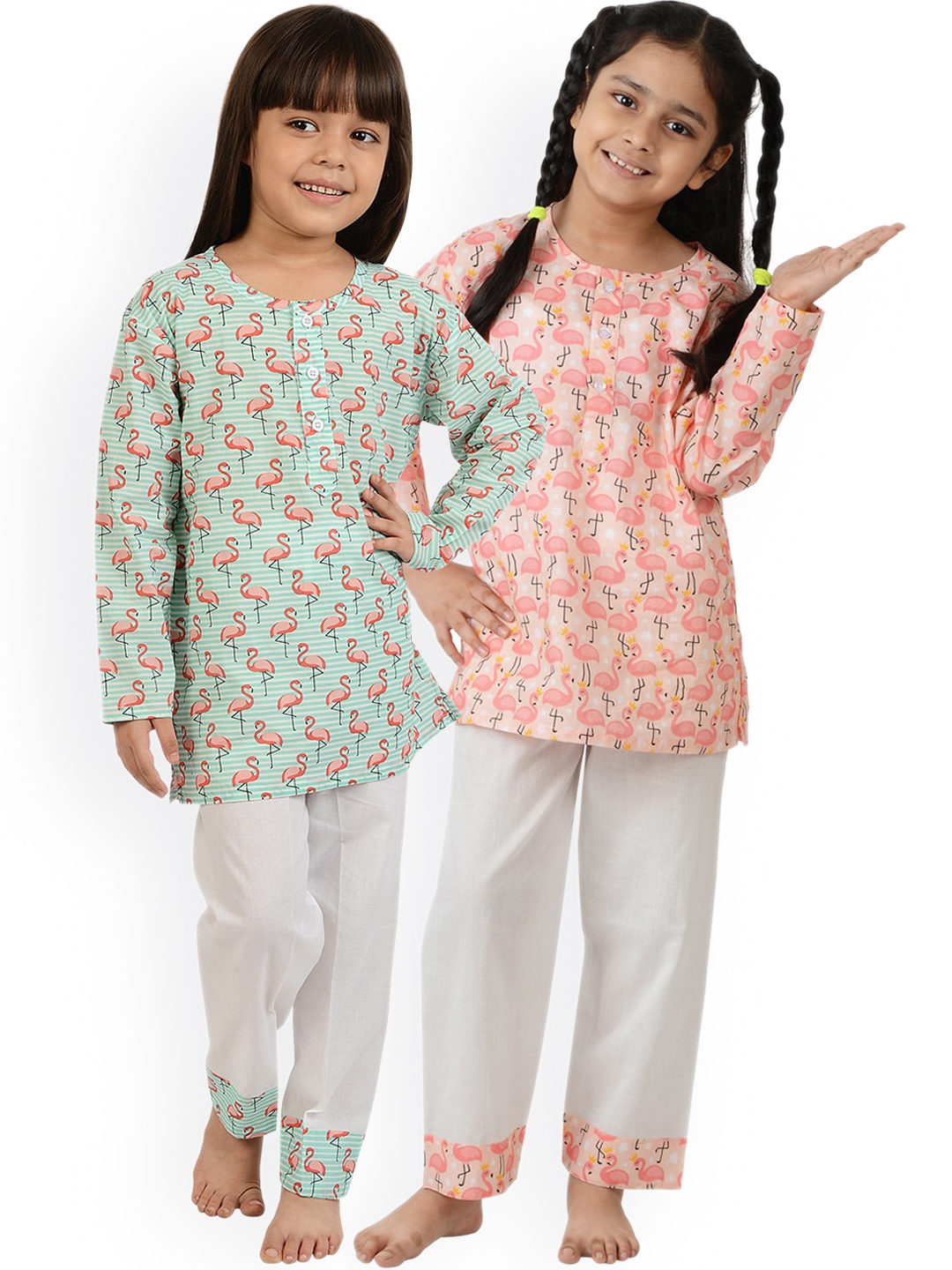 

frangipani Girls Pack of 2 Green & Pink Printed Pure Cotton Night suit