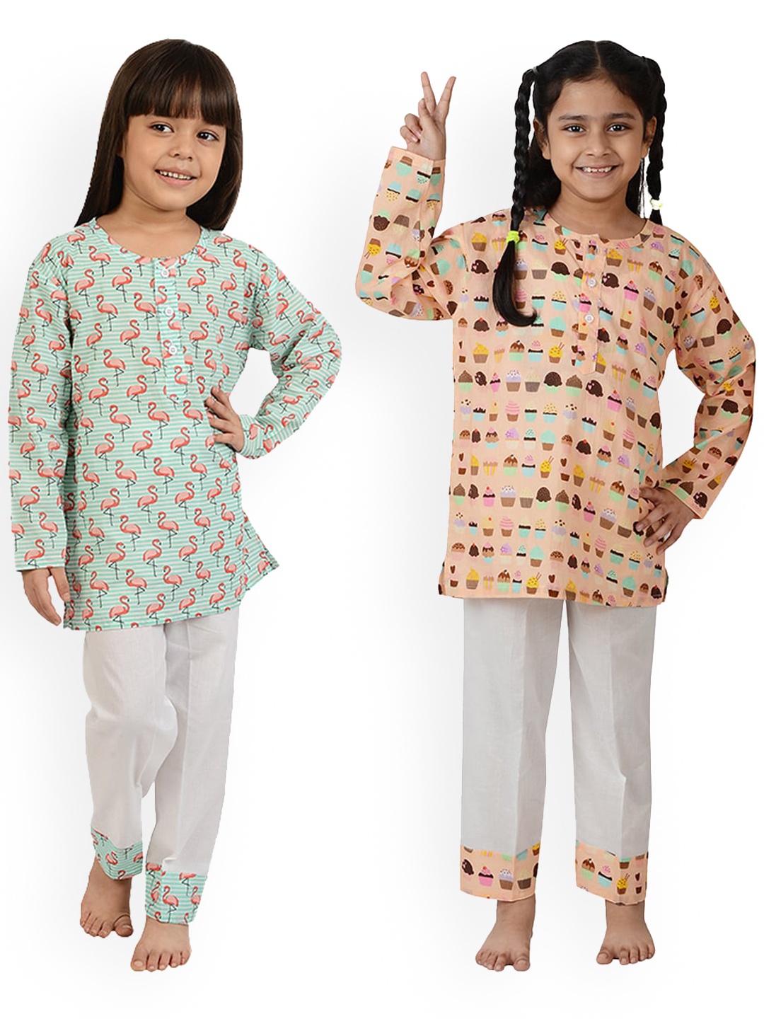 

frangipani Girls Pack Of 2 Sea Green & Orange Printed Pure Cotton Night suit