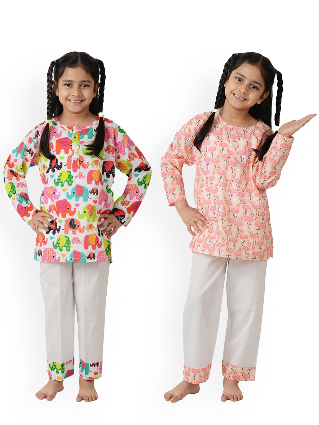 

frangipani Girls Set of 2 Printed Night suit, White
