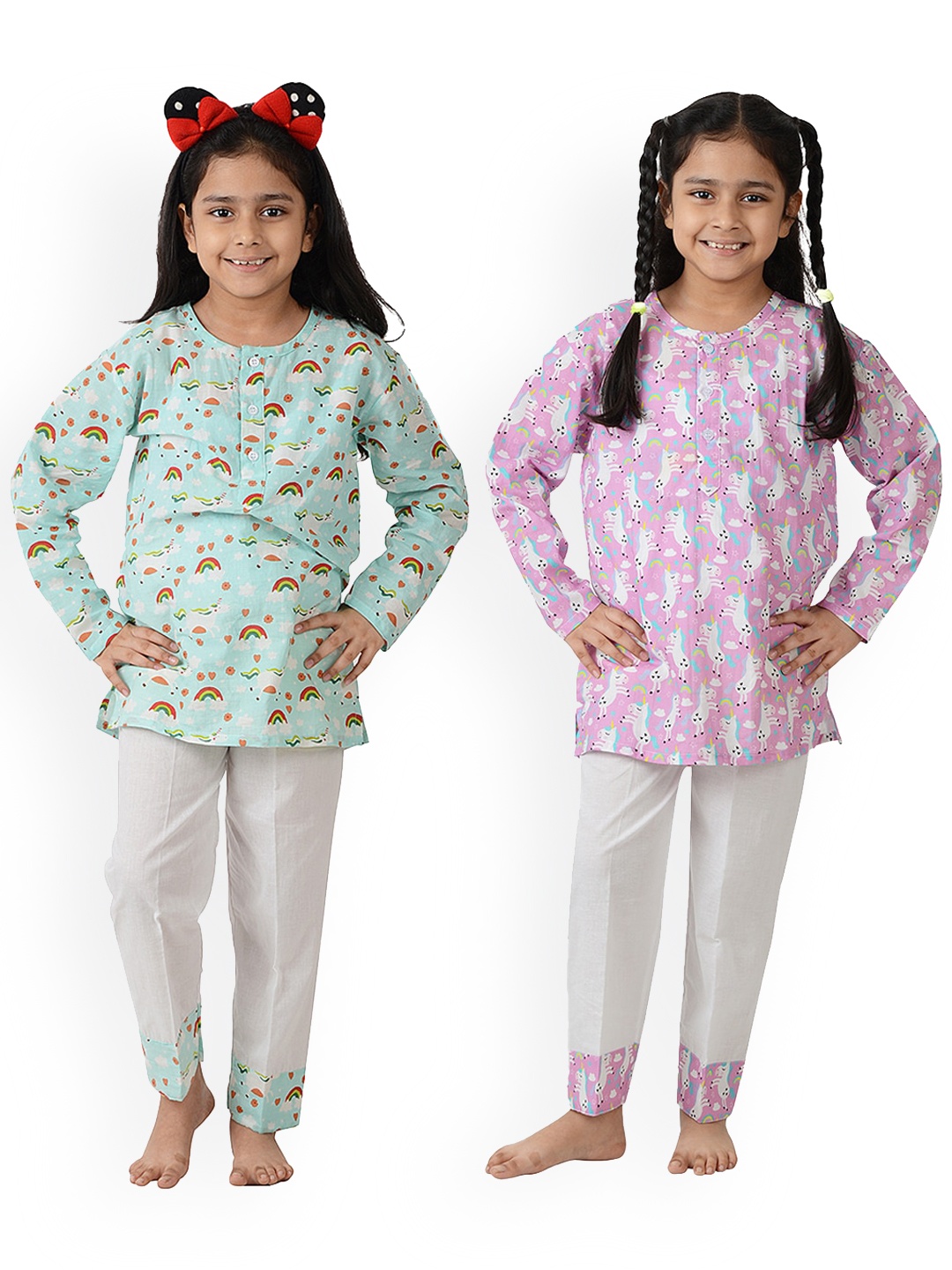 

frangipani Girls Green & Purple Printed Pure Cotton Night suit