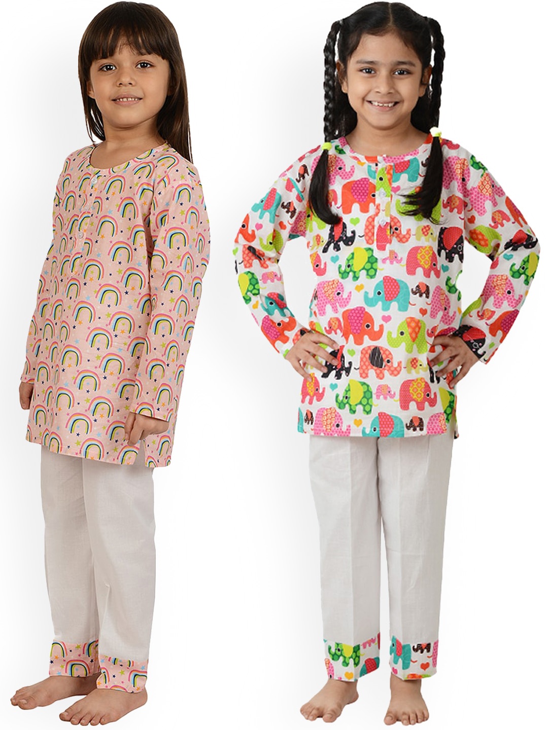 

frangipani Girls Pack Of 2 White & Pink Printed Pure Cotton Night suit