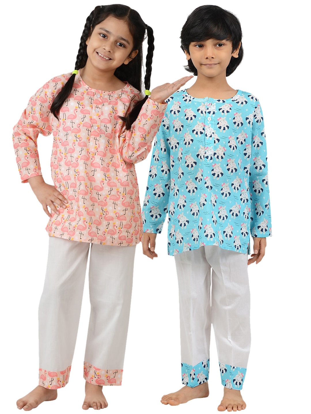 

frangipani Girls Peach-Coloured & Blue Set of 2 Printed Night Suit