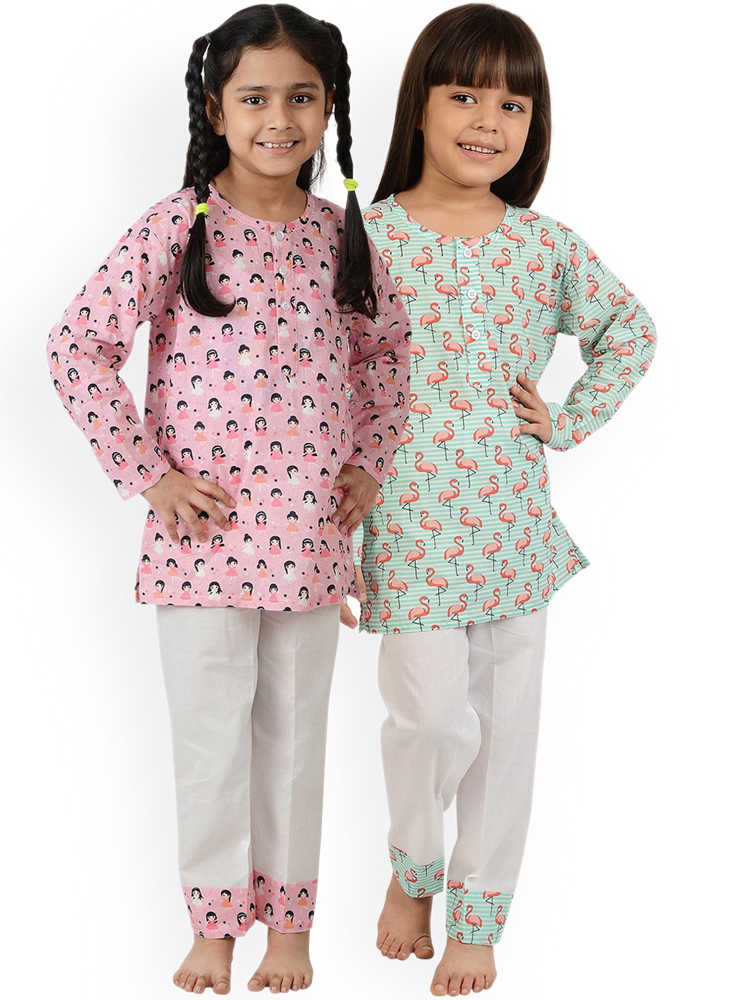 

frangipani Girls Pack Of 2 Pink & Green Printed Night suit