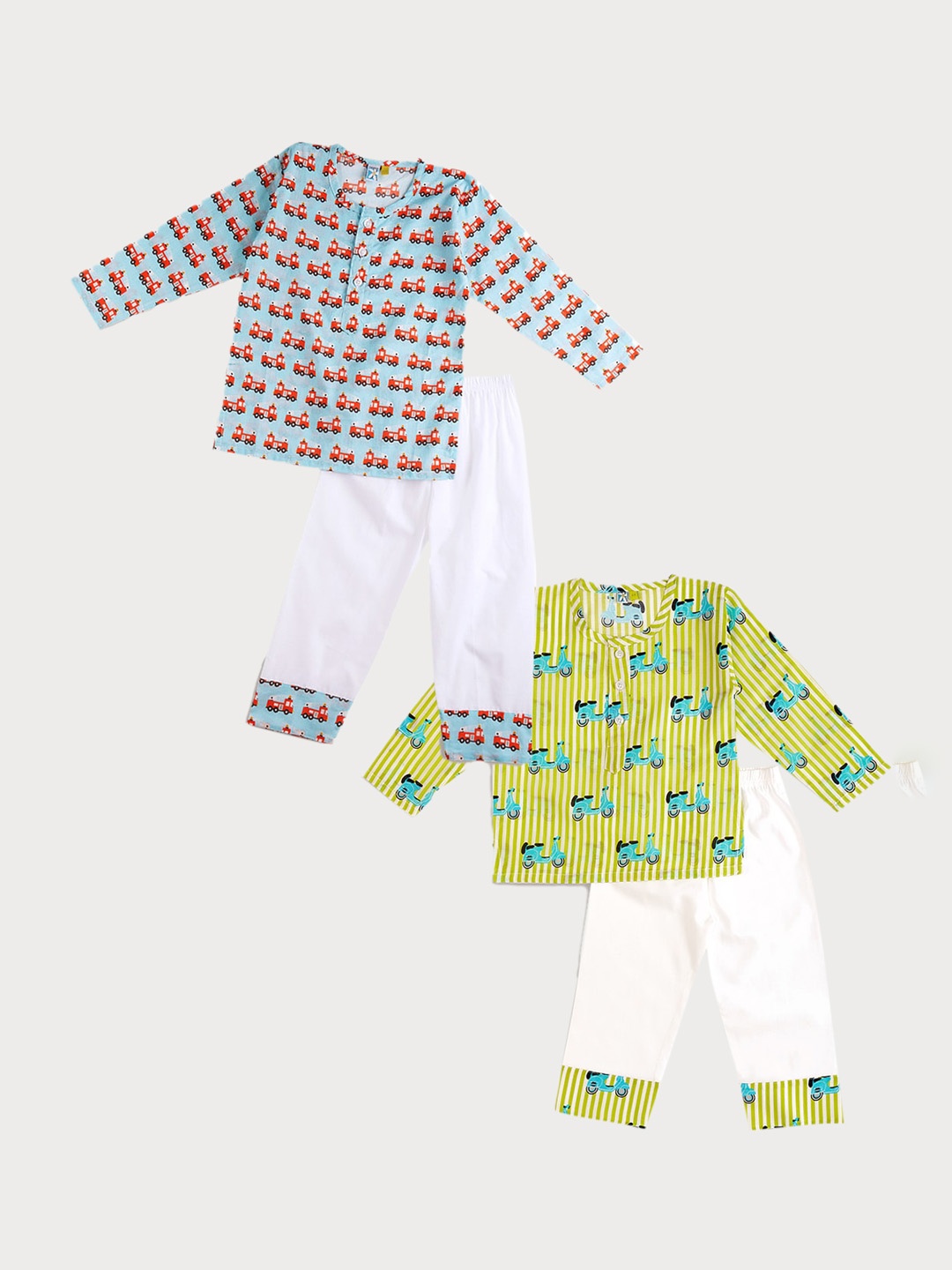 

frangipani Girls Pack Of 2 Blue & Green Printed Pure Cotton Night suit