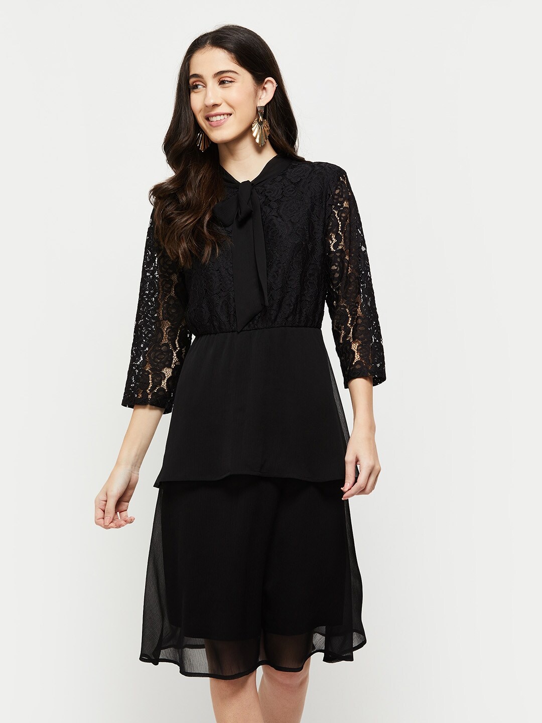 

max Women Black Tie-Up Neck Dress