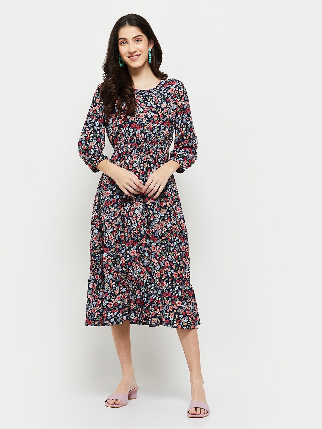 

max Blue Floral A-Line Midi Dress