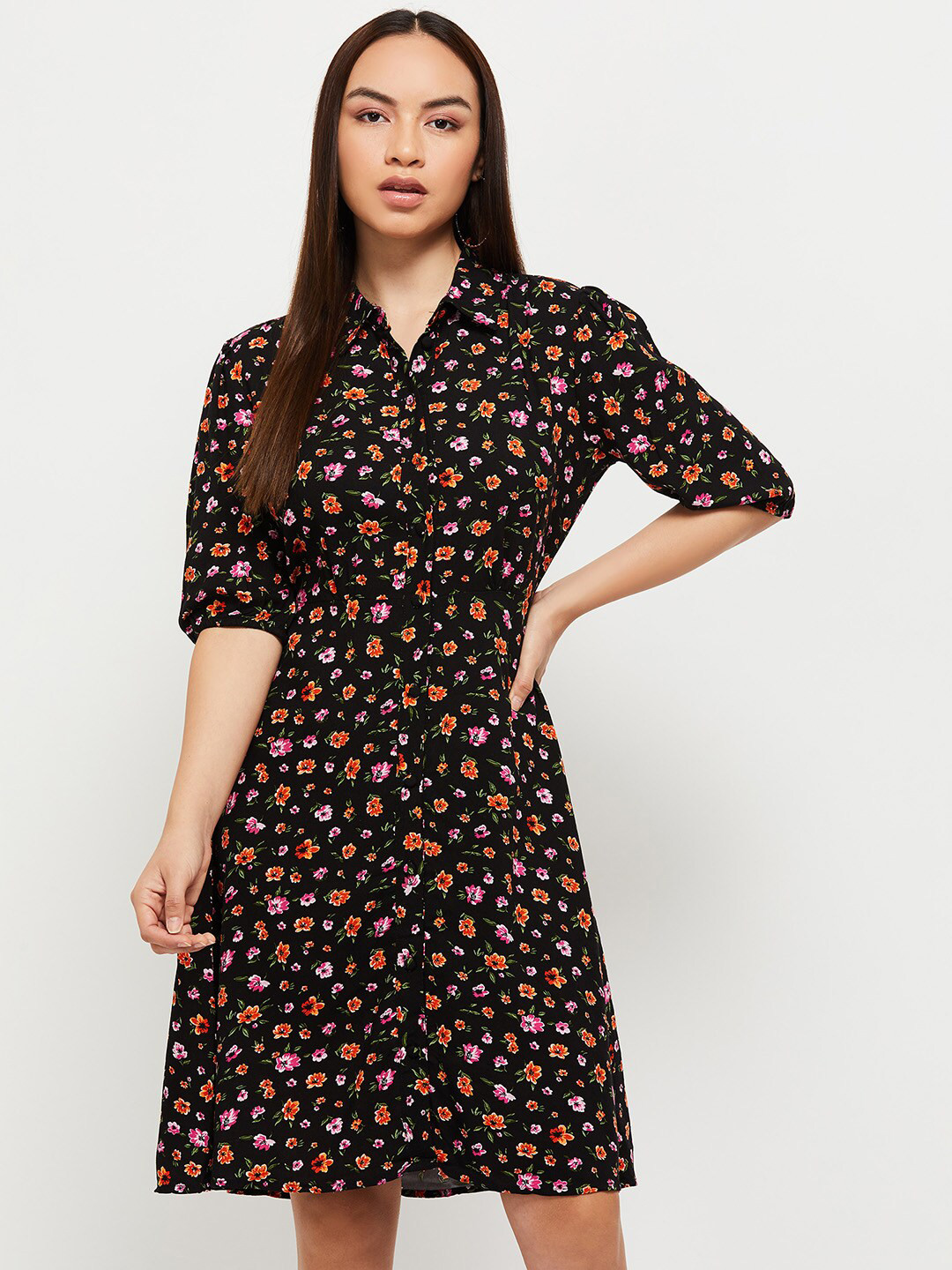 

max Black & Orange Floral Printed Shirt Dress