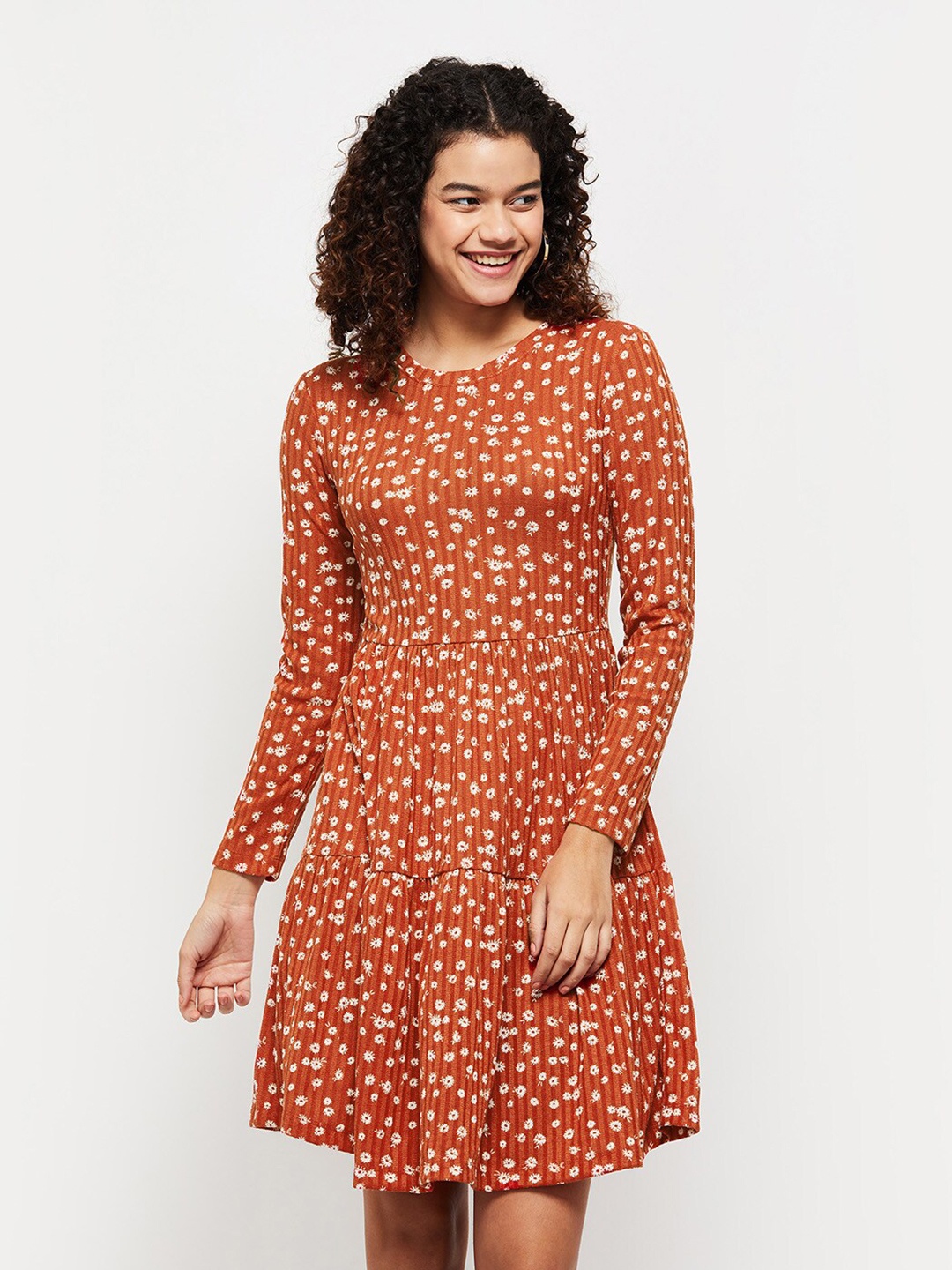 

max Women Rust & White Floral Printed A-Line Dress