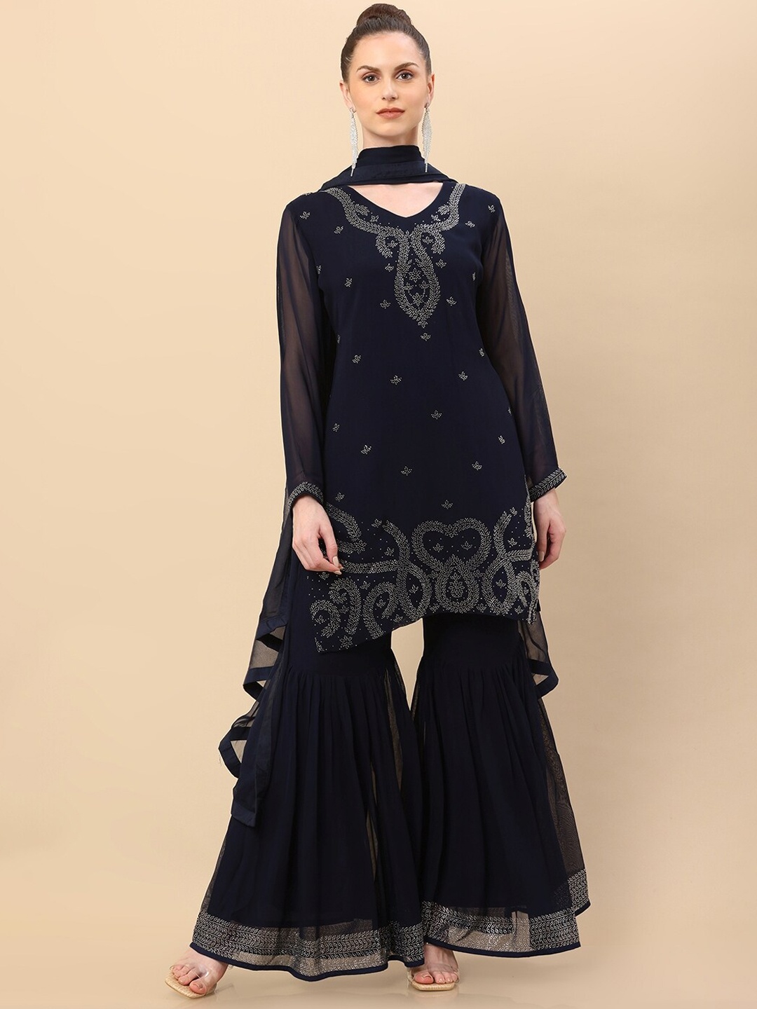 

Soch Women Navy Blue Embellished Straight Kurta with Sharara & With Dupatta