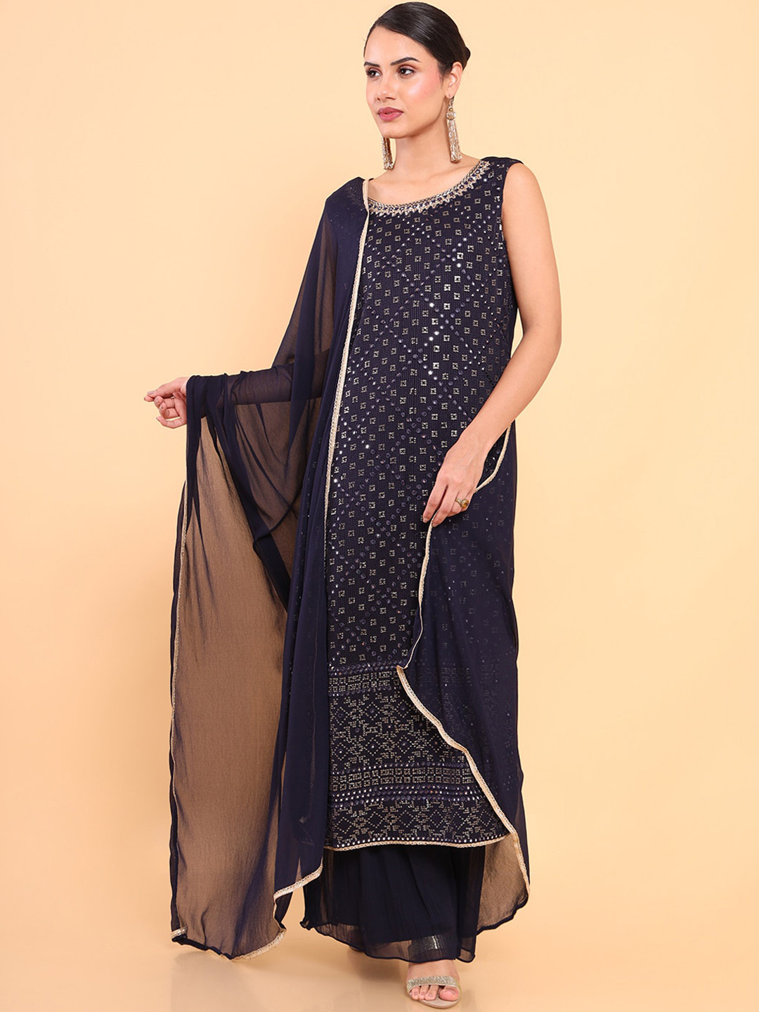

Soch Women Navy Blue Embroidered Mirror Work Kurta with Palazzos & With Dupatta