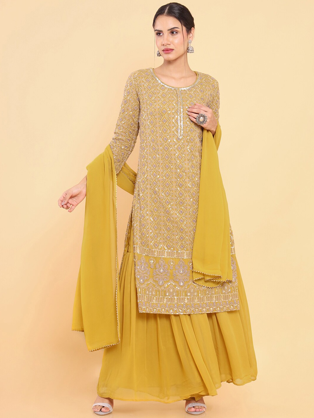 

Soch Women Mustard Yellow Ethnic Motifs Embroidered Sequinned Kurta with Sharara & With Dupatta