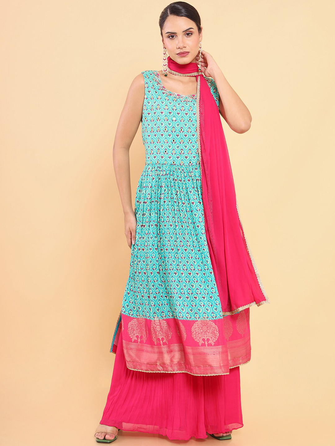 

Soch Women Blue Floral Printed Pleated Kurta with Palazzo & With Dupatta Set