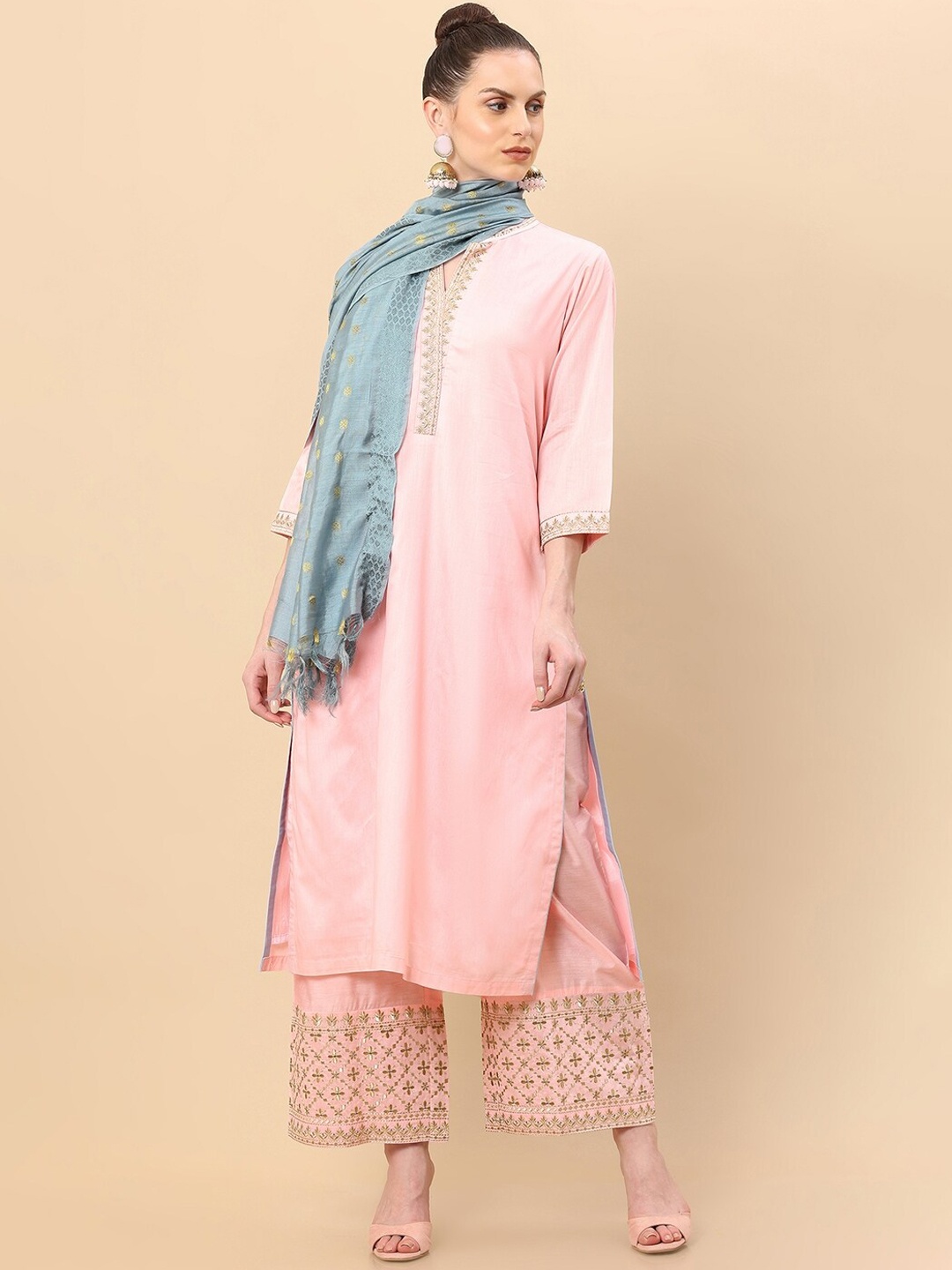

Soch Women Pink Ethnic Motifs Embroidered Thread Work Raw Silk Kurta with Palazzos & With Dupatta