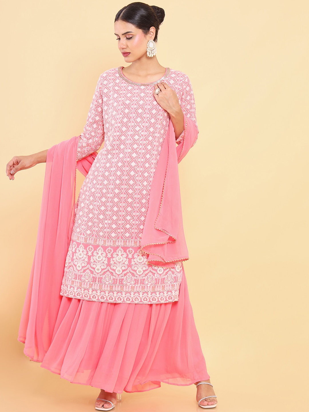 

Soch Women Pink Ethnic Motifs Embroidered Chikankari Kurta with Sharara & With Dupatta